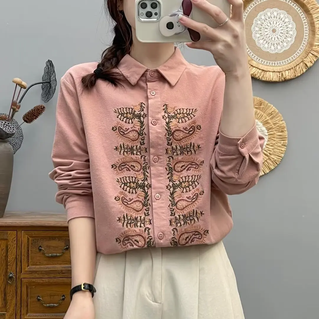 New Spring Cotton Embroidery Shirt Women Lapel Long Sleeve Tops Girl Casual Retro Loose Literature Blouse 2024 Autumn T44338QC