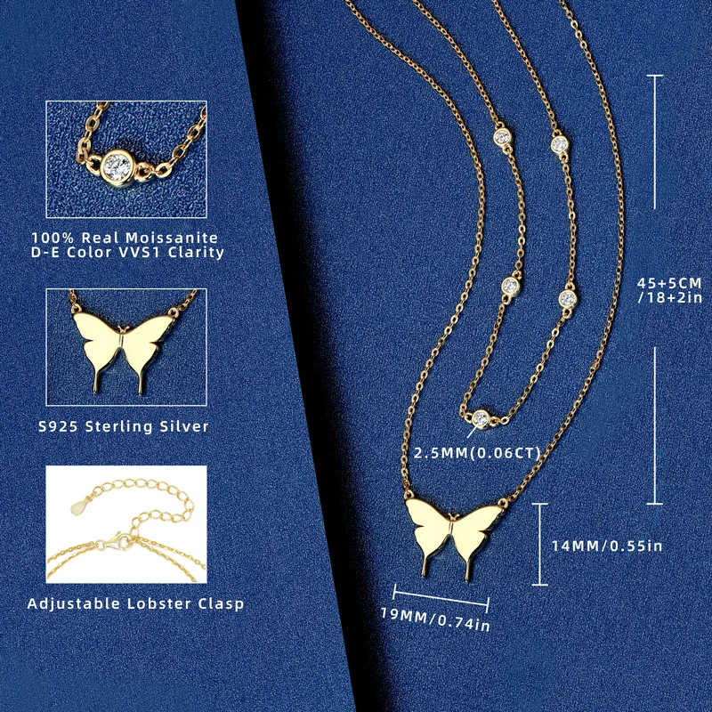 

OXTAO Double-layer Necklace Ladies Jewelry Real 925 Silver GRA Certified Sparkling D VVS1 Moissanite Butterfly Pendant Necklace
