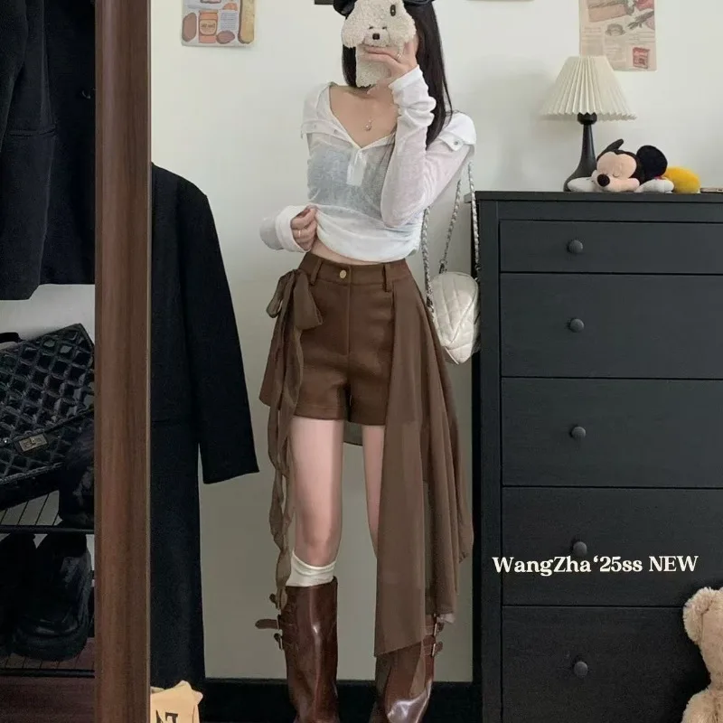 Women 2 Colors High Waist Retro Denim Shorts With Chiffon Irregular Flowy Patchwork Autumn Overlay Layered Straight Mini Pants