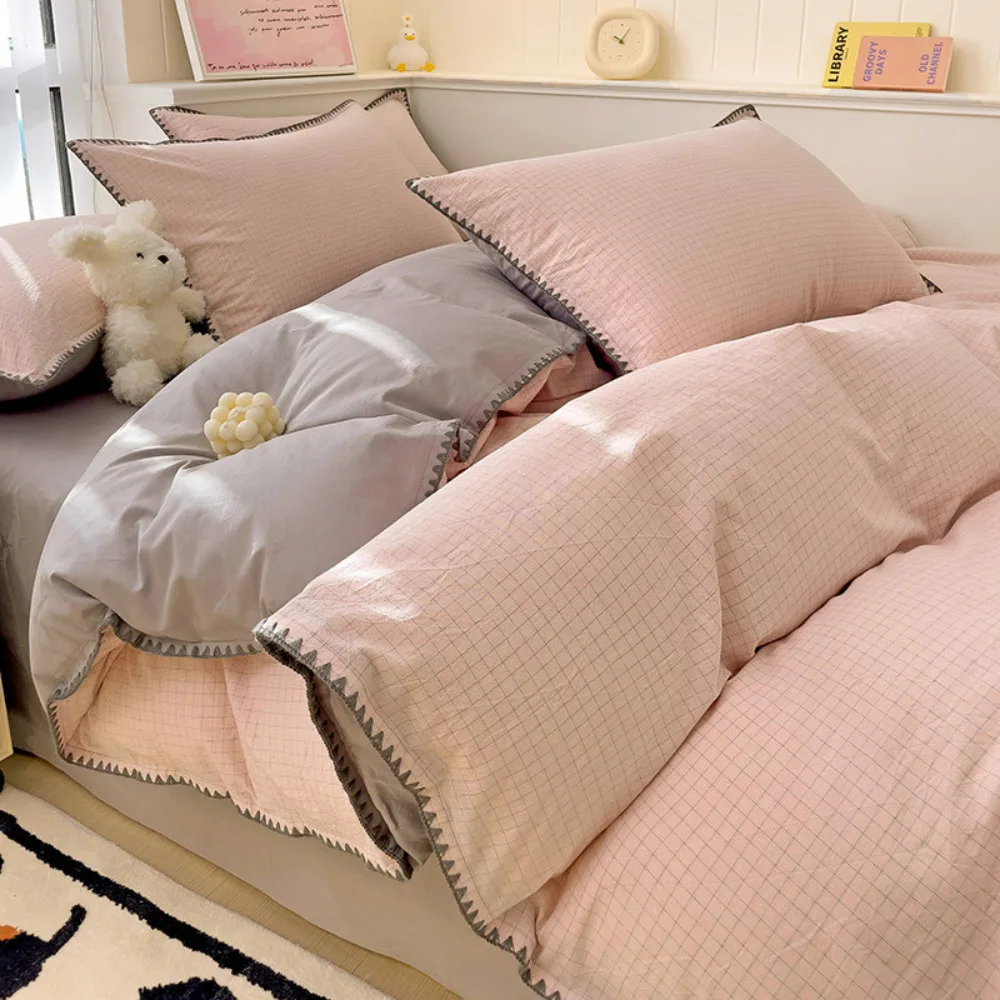 100% Cotton Washed Cotton Bedding Four Piece Set Simple Style Full Cotton Quilt Cover Fitted Sheet