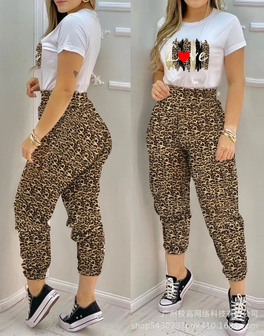 

Two Piece Set Women Outfit 2024 Summer Letter Printed Round Neck Short Sleeved T-Shirt & Leopard High Waist Cuffed Pants Set