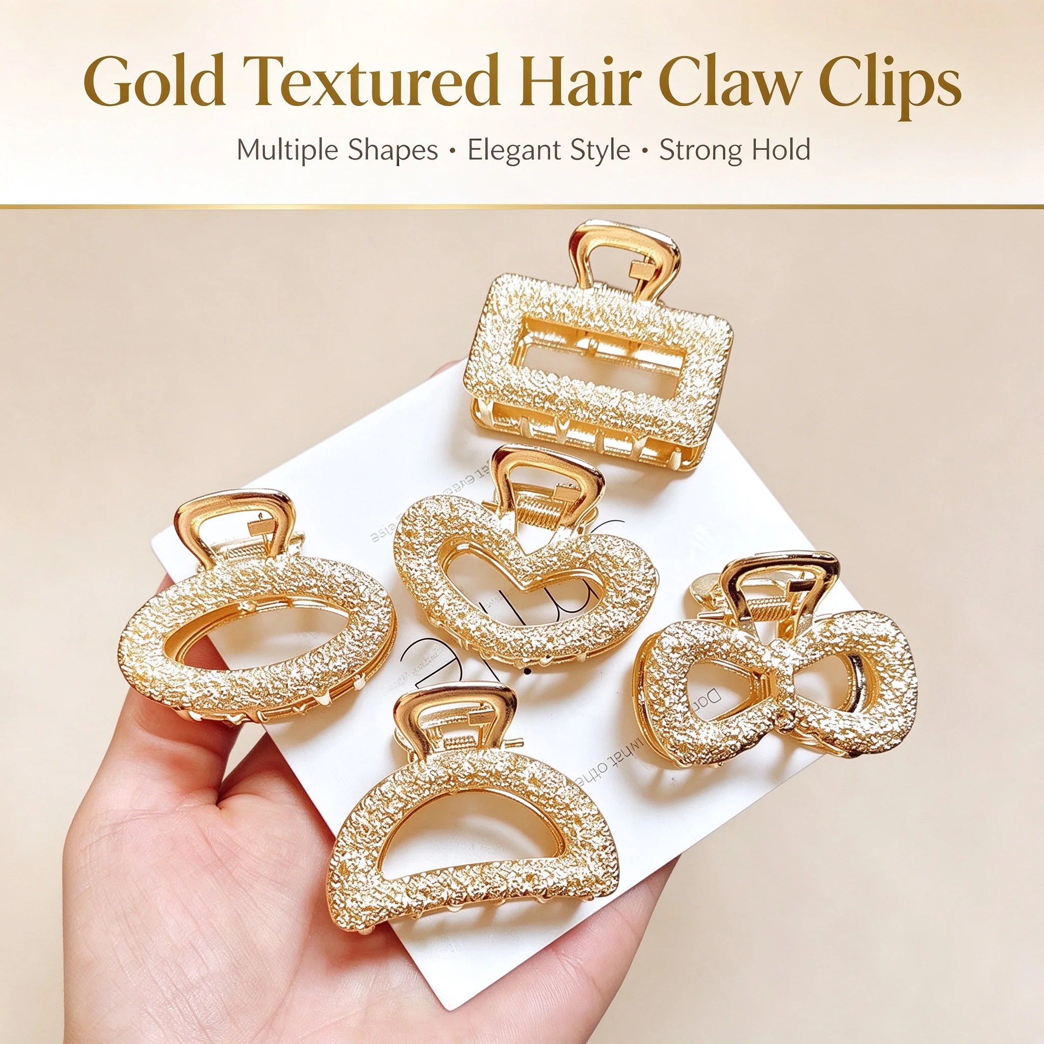 Goldene modische Haarklammern, hohle geometrische Herz- und Schleifen-Designs, elegante, rutschfeste Haarkrallen für Damen, Haaraccessoires. – Detail 2