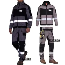 Hi Vis Work Clothing Set Protective Suit Repairman Jacket Cargo Trousers Working Uniforms Workwear Reflective Stripes Coveralls