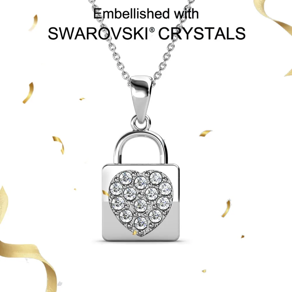 Daisini Women's 925 Sterling Silver Lock Design Pendant Necklace 18K White Gold Plated Embellished with Swarovski Crystals