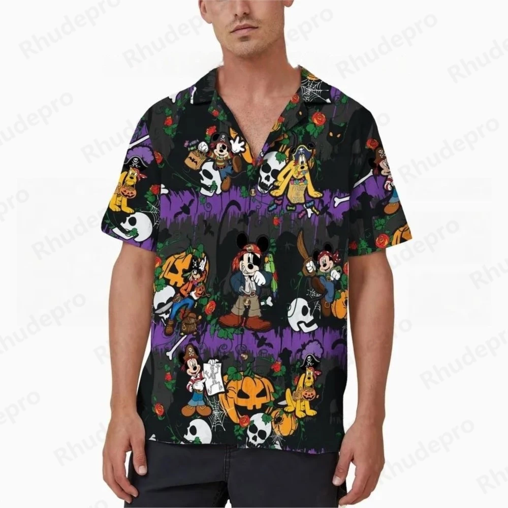 

Disney 2025 Summer New Halloween Collection Mickey Anime 3D Printed Men's Lapel Short Sleeve Slim Fit Hawaiian Shirt Y2k