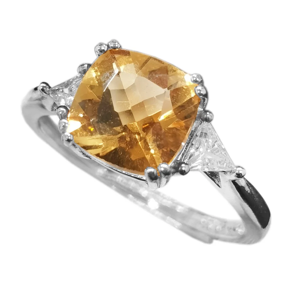 

2ct VVS Grade Natural Citrine Ring 8mm * 8mm Citrine Silver Ring 925 Silver Crystal Jewelry with 18K Gold Plating