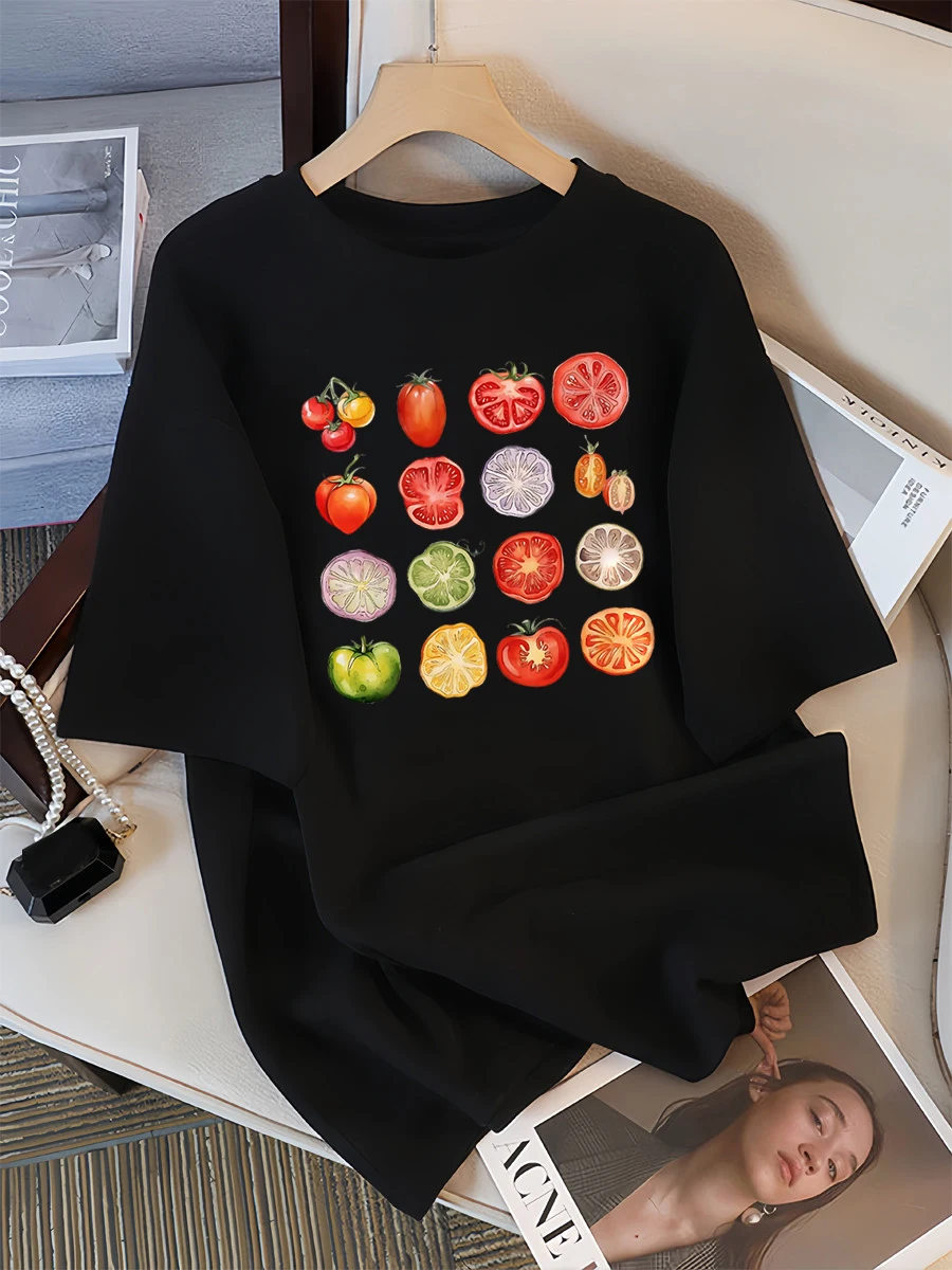 Camiseta con gráfico de colección de variedades de tomate para mujer, ropa de moda de verano, camisetas informales de manga corta de calle de algodón de Hip Hop