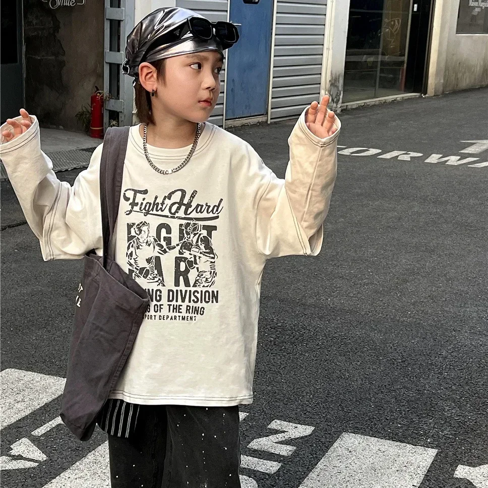 

Children Clothes Boys Handsome T Shirt 2024 Autumn Fake Two American Retro Style Color Contrast Boys Girls Long Sleeve T-shirt