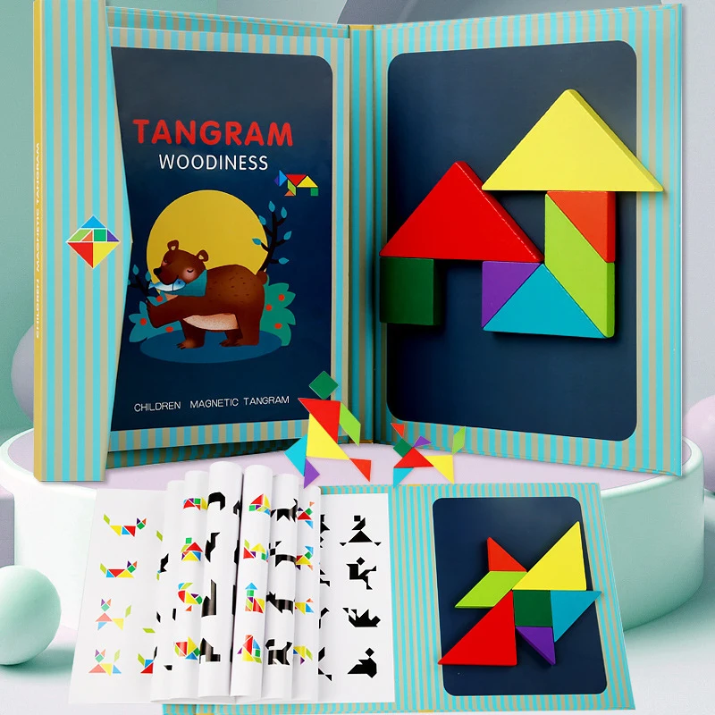 Livro de quebra-cabeça portátil Tangram magnético para crianças, brinquedos de madeira, brinquedos educativos, aprender e brincar, educação