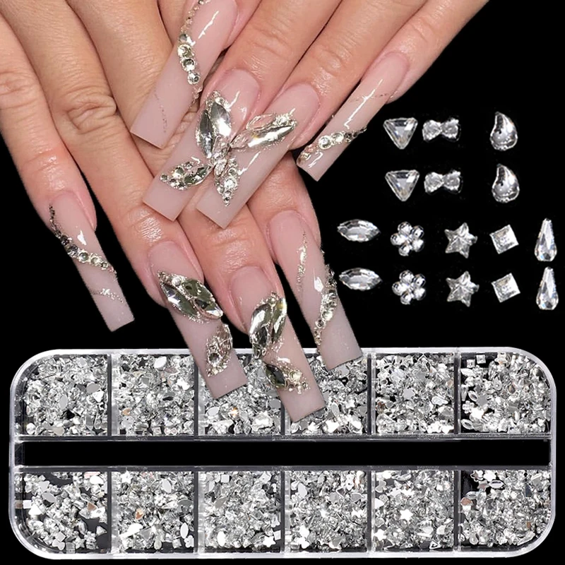 Mini decoración de uñas 3D, accesorios de manicura con purpurina, 12 rejillas, parte trasera plana, diamantes de imitación, Blanco claro, diferentes tamaños de formas