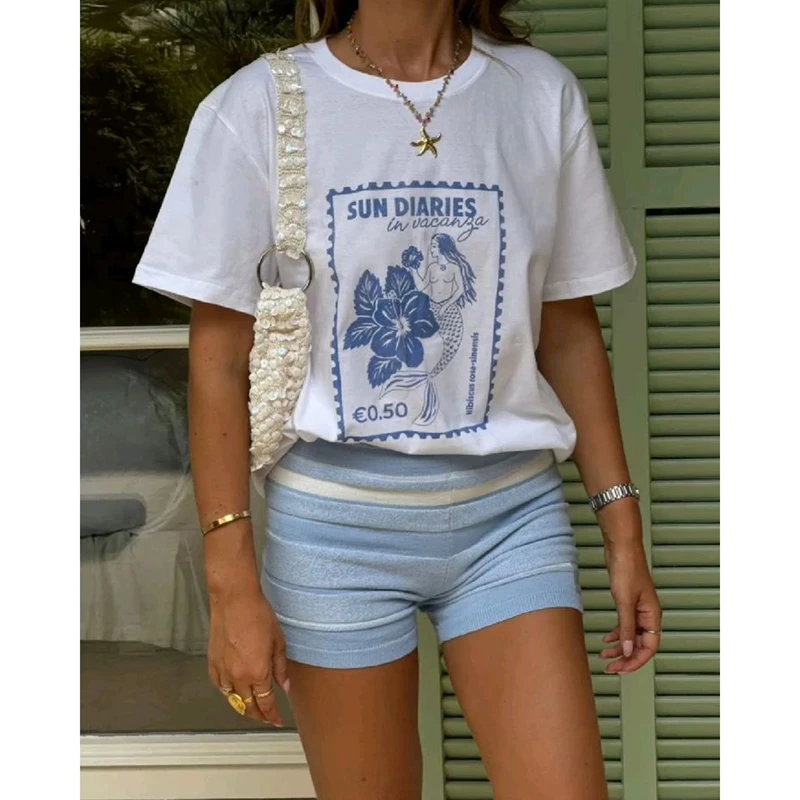 2026 Women Cute Graphic Oversized Tee Fish Lobster Sea Floral Fruit Printed Y2K Baggy T Shirts Teen Girls Preppy Coastal Clothes