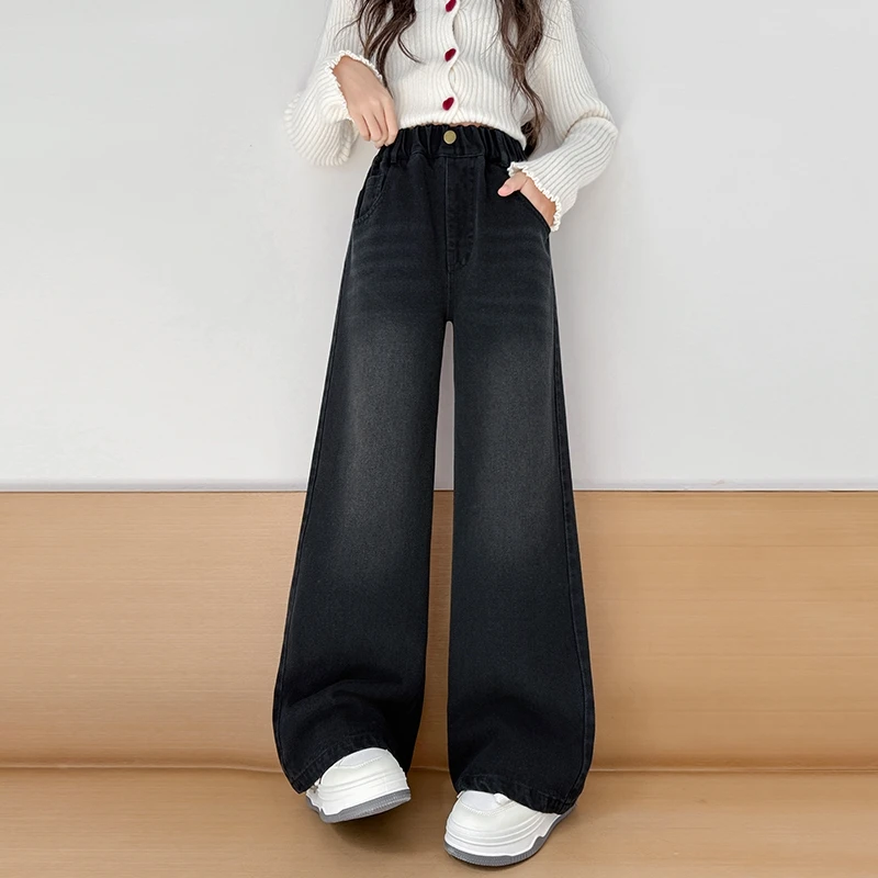 Girls' black wide leg jeans with bow embroidery, back pocket, elastic waist, straight tube, denim pants, children's autumn pants