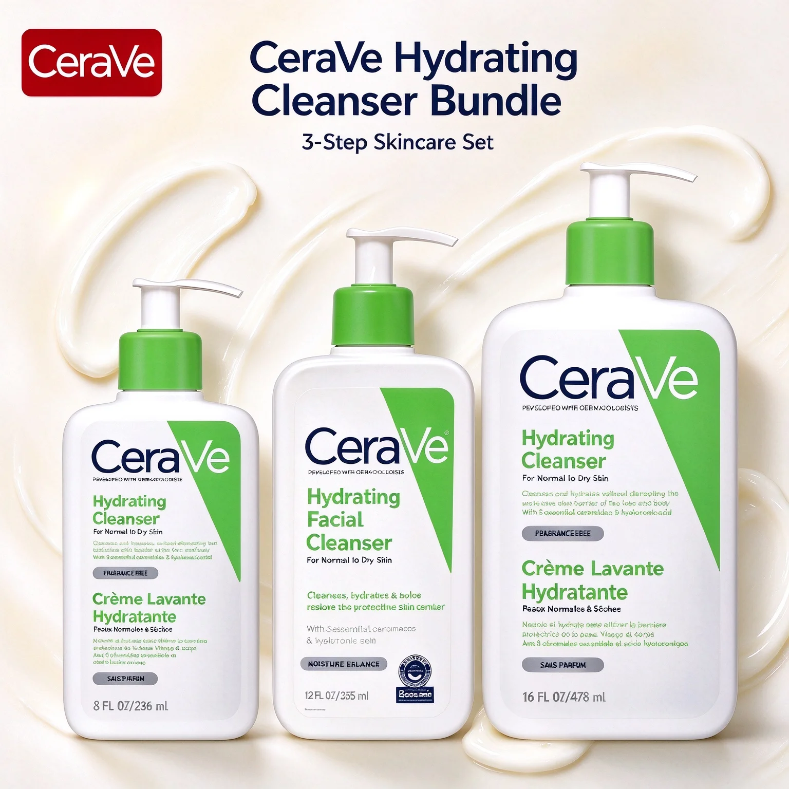 CeraVe Hydrating Cleanser 8oz/12oz/16oz(236ml/355ml/473ml) Dermatologist Developed Cleanser For Normal to Dry Skin