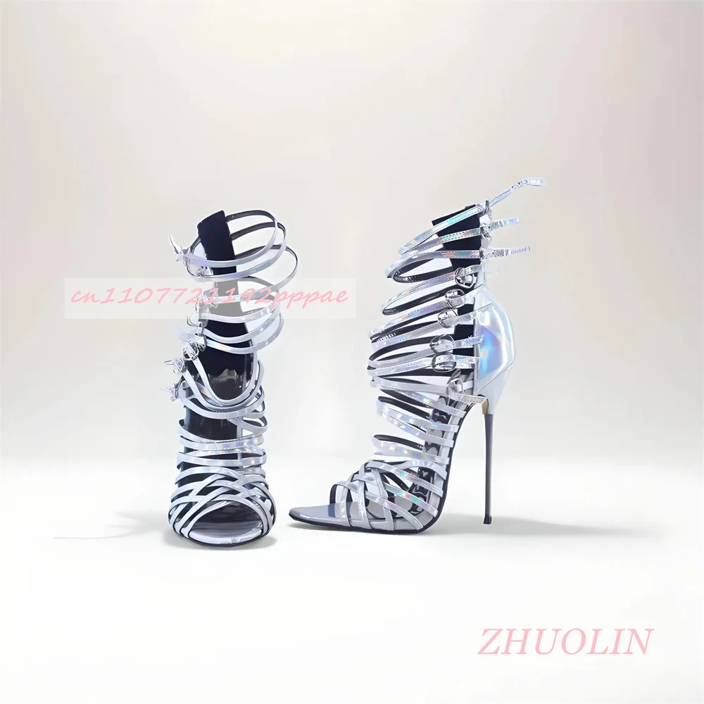 Women Strappy High Heel Sandals Open Toe Stiletto Shoes Purple Ankle Buckle Multi Strap Fashion Party Dress Sandals For Ladies