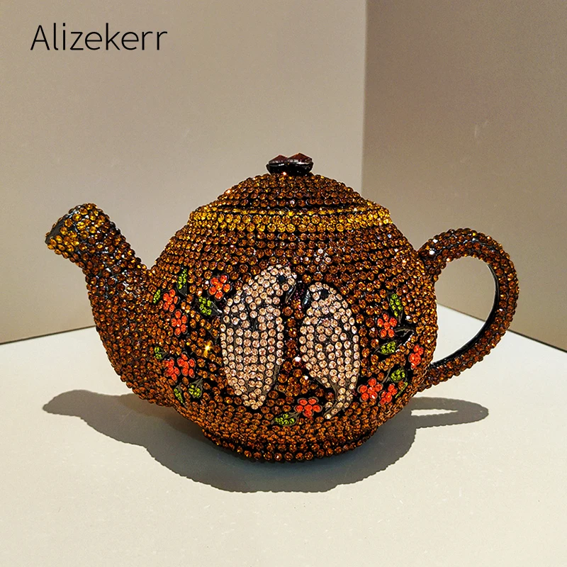 

Alizekerr вечерние сумки в форме чайника с бриллиантами, женские великолепные уникальные металлические клатчи с птицами и кристаллами, кошельки и сумки для свадебной вечеринки