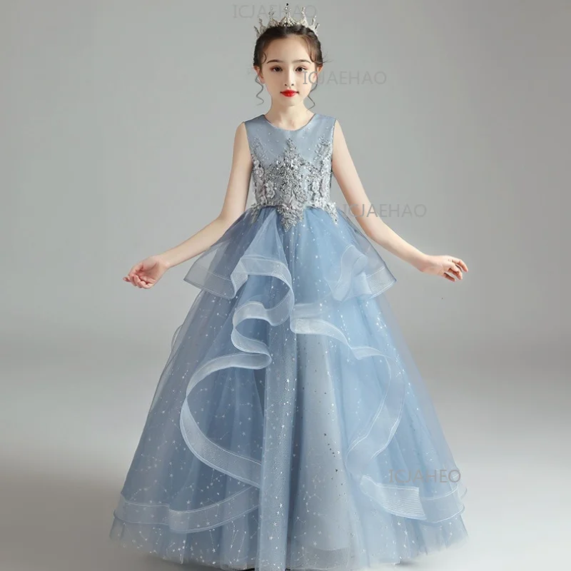 2026 Children Blue Sleeveless Long Kids Formal New Tutu Piano Performance Girls Gown Wedding Flower Girl Party Banquet Costume
