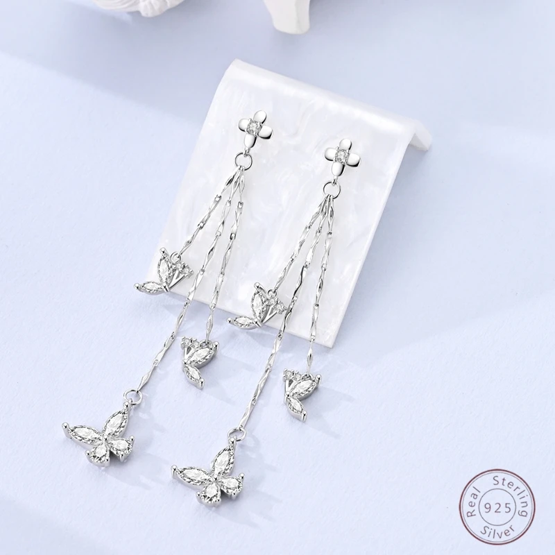 New 925 Sterling Silver Vintage Butterfly Tassel Drop Earrings Minimalist Ear Needle Ear Buckle Wedding Women Jewelry Gifts