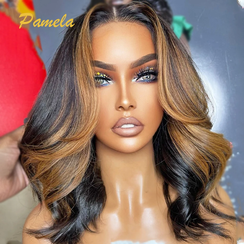 Wig Bob pendek Ombre Highlight kepadatan 250% 4x4 Wig rambut manusia tanpa lem penutup renda transparan Wig Bob gelombang longgar untuk wanita