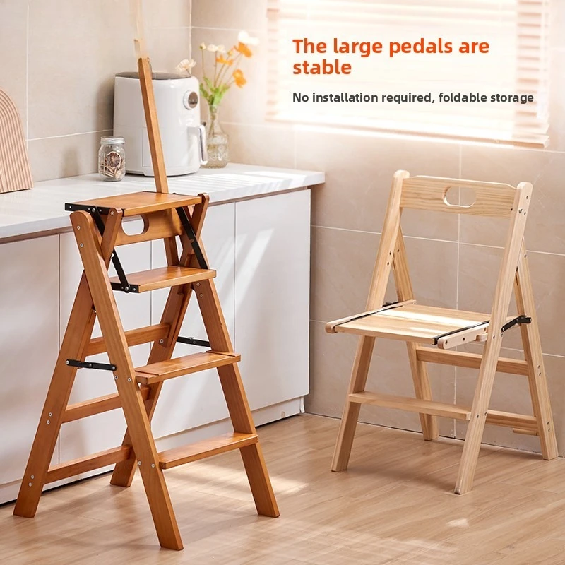 

Free Installation Ladder Stool Thickened Solid Wood Flower Rack Multifunctional Dining Chair Safety Armrest Folding Step Ladders