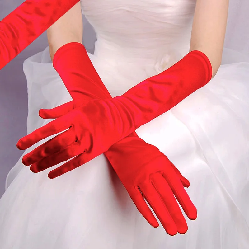 Gants de soirée en satin solide pour femmes, mitaines à doigts longs pour événements, activités, rouge, blanc, gants de mariage pour patients