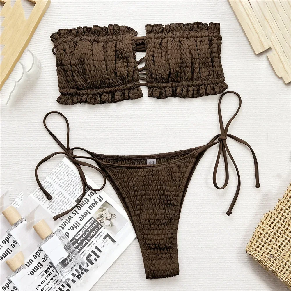 

Brown Ruched Swimwear Bandeau Thong Micro Bikinis Sets Sexy Swimsuit Women 2025 Lace-up Bathing Suit Ruffle Pleated Bikini Mujer
