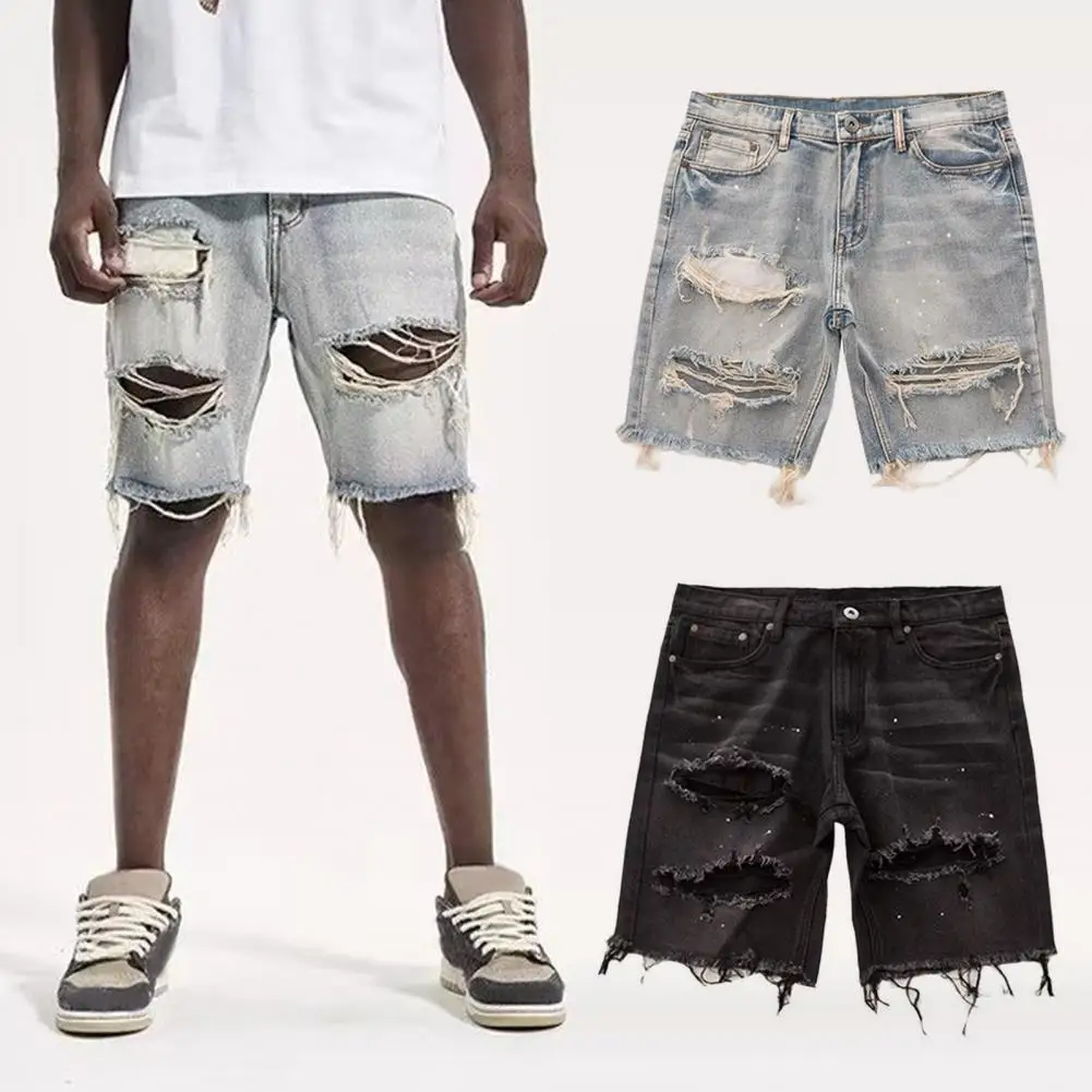 

Men Denim Shorts Youthful Men's Distressed Denim Shorts Trendy Straight Fit Multi Pockets Ripped Holes Summer Jeans Strong Denim