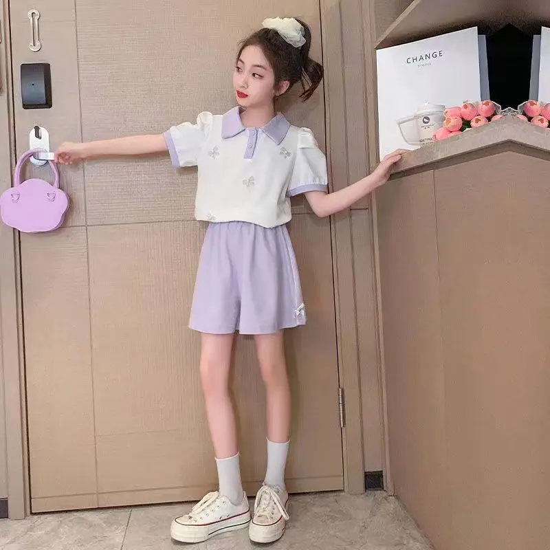 Fashion Girls Clothing Sets 2024 Summer Children School Short Sleeve T-shirts + Short Pants 2PCS Kids Clothes 6 8 10 12 14 Year