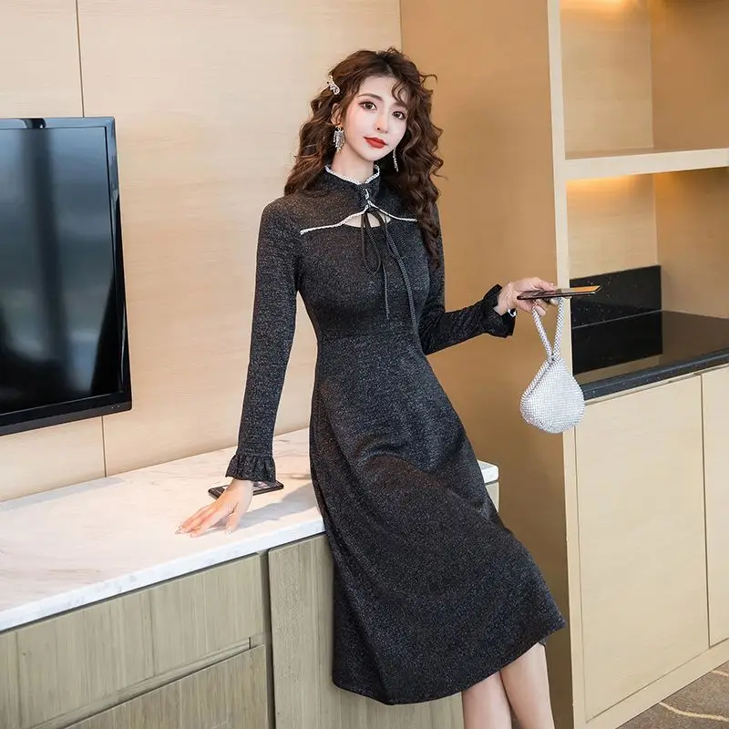 Half High Collar Mini Dress Women Hollow Out Long-sleeve Defined Waist A-line Lace Up Korean-style Office Ladies Temperament New