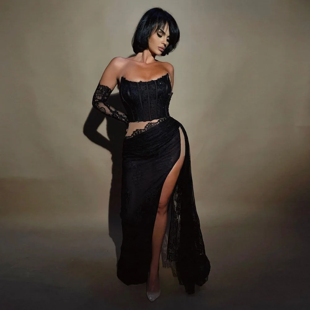 

2026 New Arrival Women's Black Lace Maxi Skirt High Waist Elegant Evening Dress with Side Slit A‑line Silhouette Korean‑Style