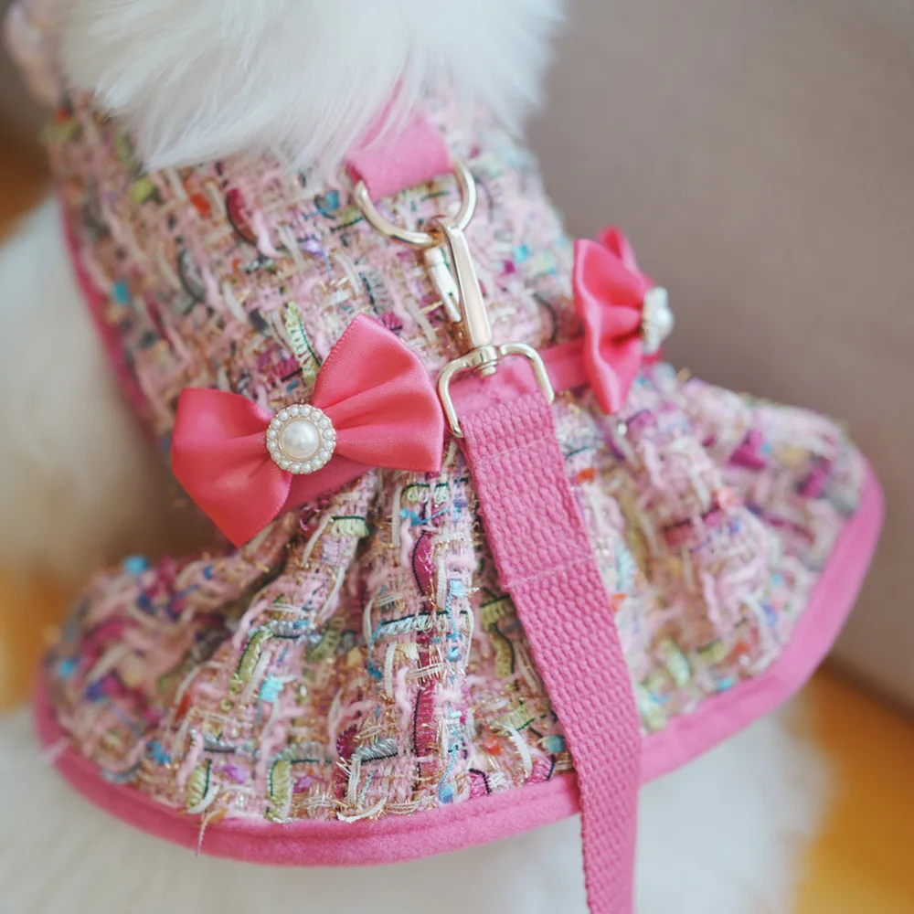 Fashion Little Fragrant Style Pet Harness Contrasting Color Stitching Vest-style Cute Bow Decoration Dog Harness and Leash Set