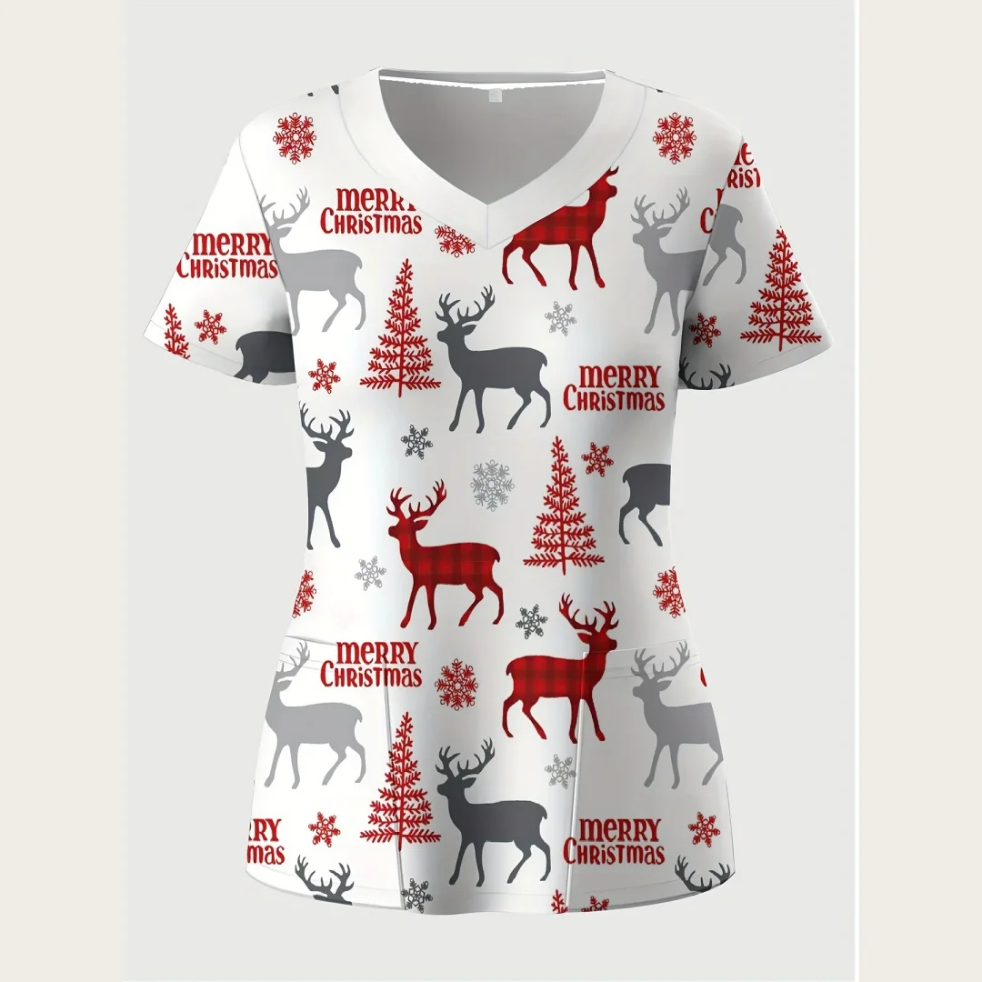 

Christmas 3D Print V-Neck Nurse Uniform Short Sleeve Scrubs with Reindeer Snowflake Design Merry Christmas Lettering