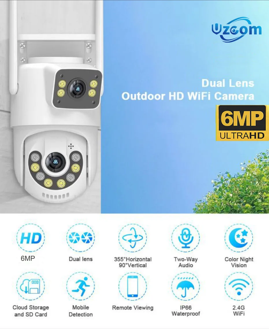 

Outdoor Wifi PTZ Camera 6MP Dual Lens Camera Video Surveillance Pets Monitor Home Camera Phone Remote Night Vision For Home