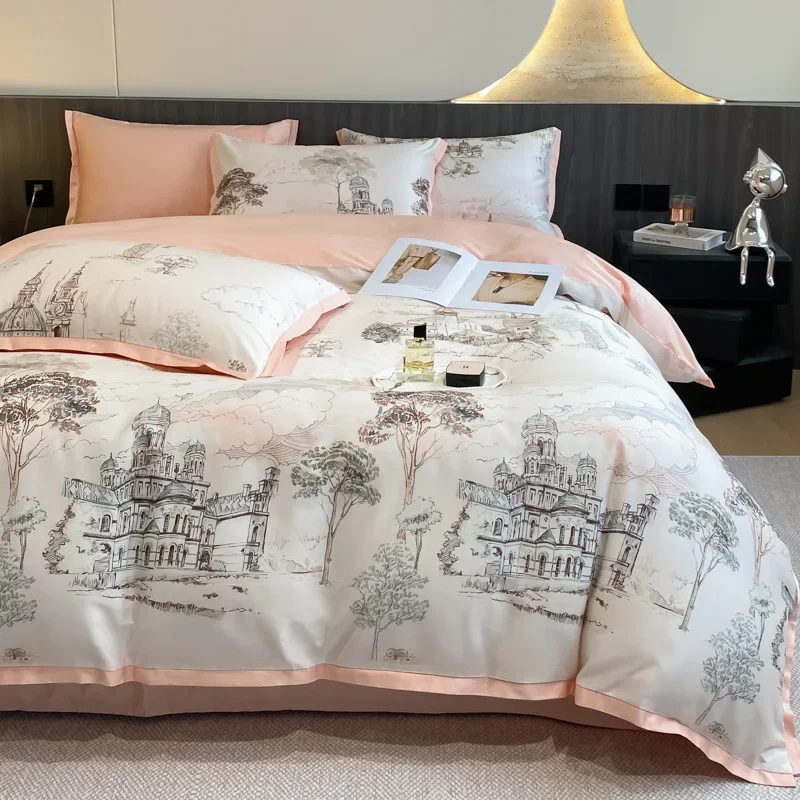 Spring and summer new comfortable 50 day silk cotton four piece set printed bed sheets, duvet covers, bedding