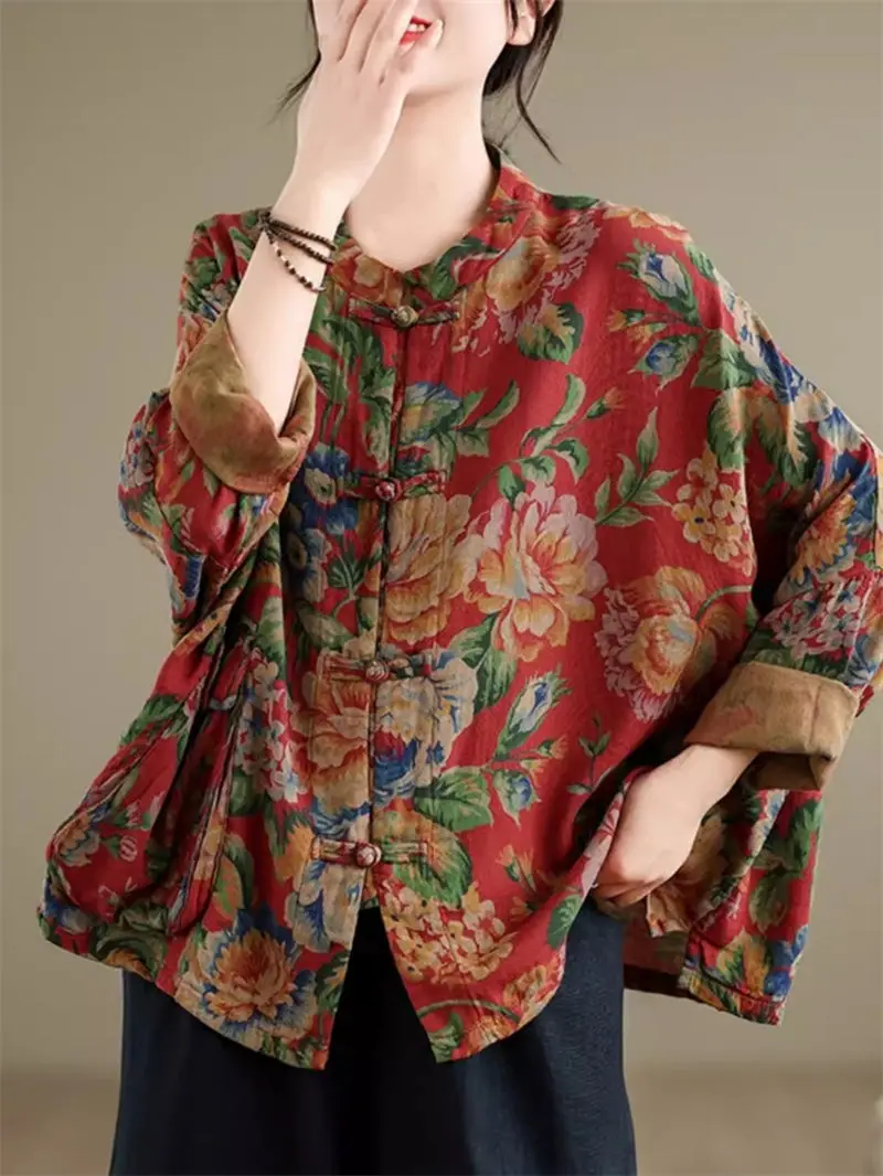 Ethnic Style Retro Large Flower Cotton And Linen Shirt Women\'s 2024 Spring Chinese Button Up Cardigan Bat Sleeve Top Jacket K971