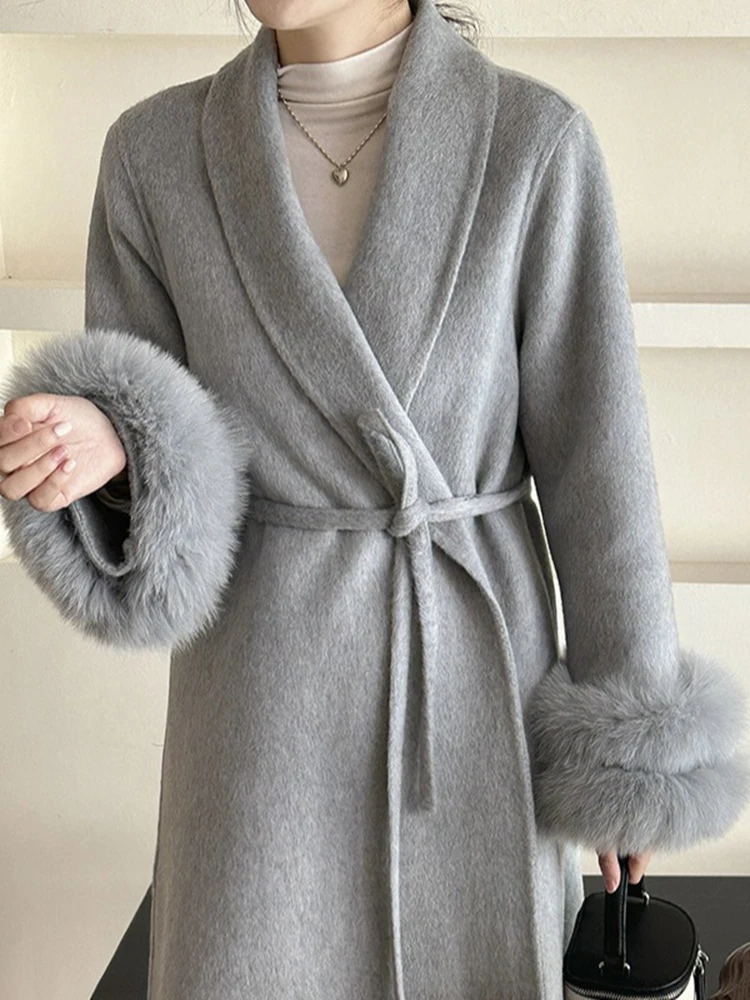 LANMREM Double Sided Woolen Coat For Women Lapel Solid Color Fox Fur Stitching Sleeves Luxury Belt Coats 2024 Winter New 2Z2635