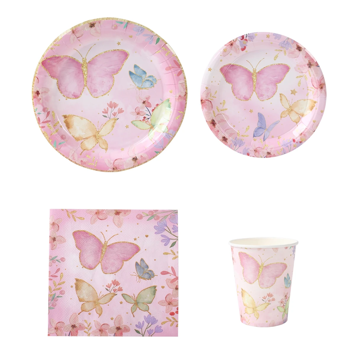 Vajilla de mariposa para niñas, platos de papel para fiesta de cumpleaños, servilletas, tazas, decoraciones, globos, suministros para fiestas temáticas de hadas y mariposas