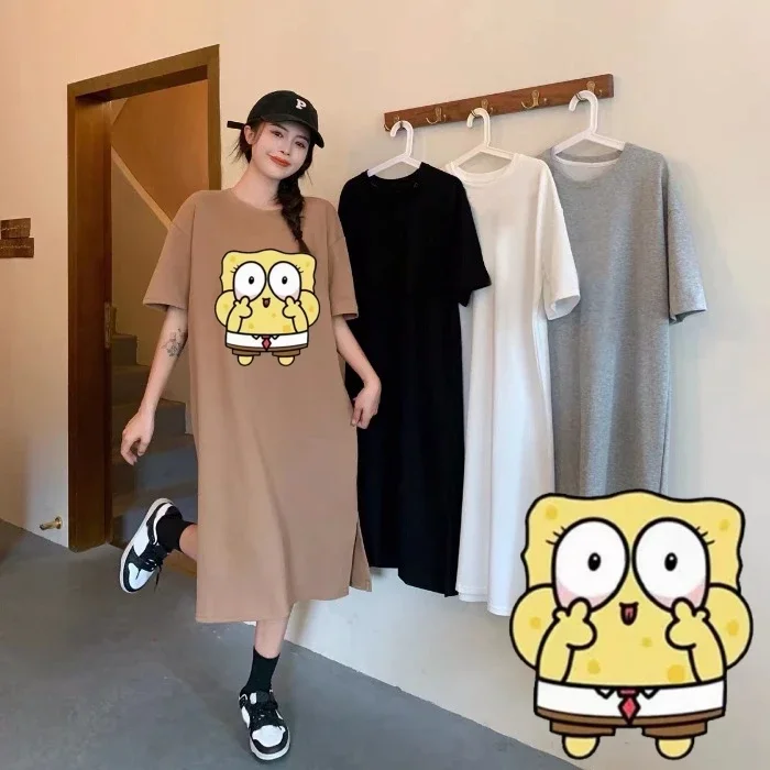 Miniso SpongeBob T-shirts Dress SpongeBob Printing 40-90kg Women Lone Style Gray Colour Fat Large Size Short Sleeved Loose Skirt