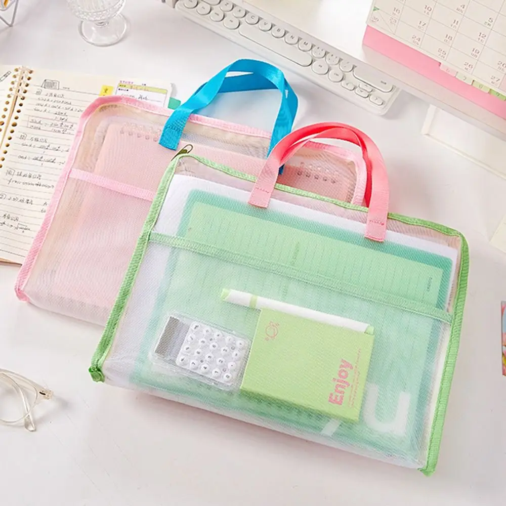 Candy Color Test Paper Storage Bag Visible Multifunctional Zipper Mesh Bags Handheld 3 Compartments File Folder Bag