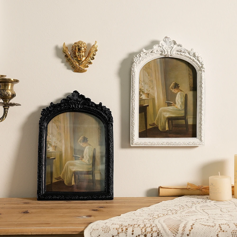 Vintage Ornate Photo Frame Retro Baroque Style Resin Picture Frame, Wall Art Decor for Home Living Room Bedroom, White/Black
