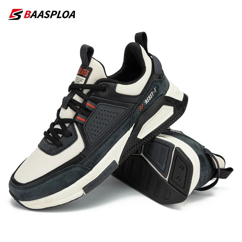 Baasploa Men Casual Waterproof Running Shoes Fashion Leather Skateboard Shoes Non-slip Wear-resistant Male Sport Shoes New