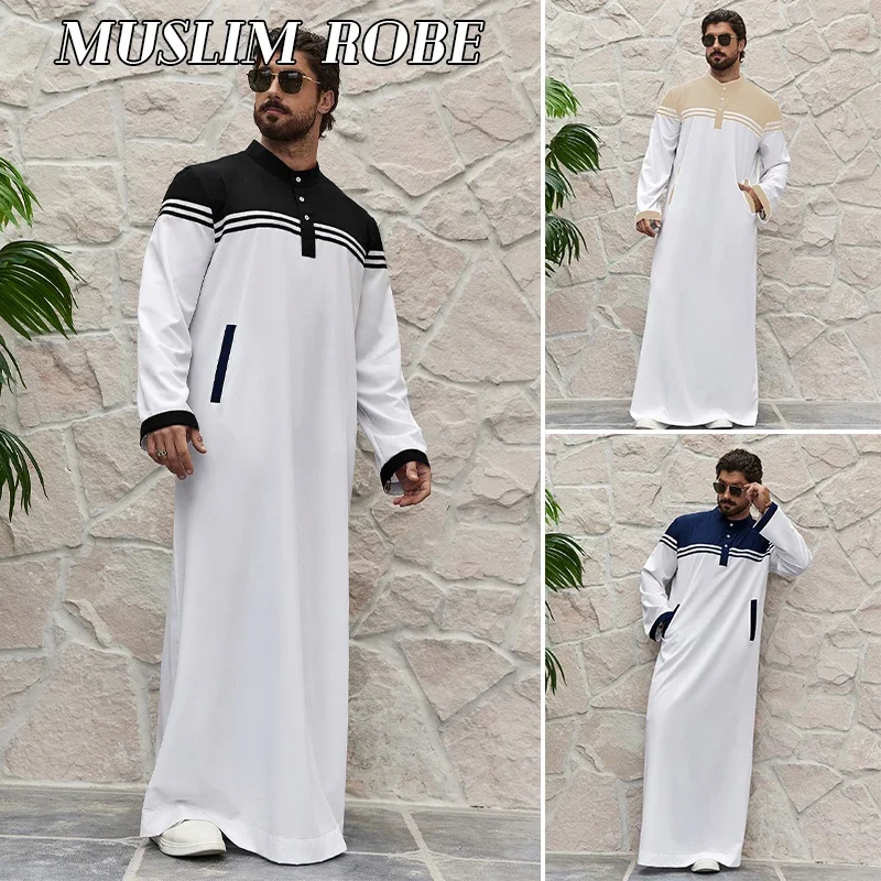 Spring Men's Muslim Robe Middle East Arab Ramadan Islamic Clothing Navy Style Casual Round Neck Long Sleeve T-shirt Dress Tunic
