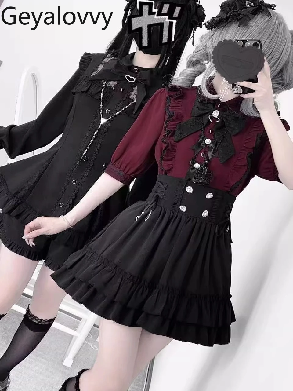 

Sweet Cute Girls Versatile Lapel Bow Top Blouse Original Mass Production Japanese Mine Lace Short Sleeve Shirt for Women