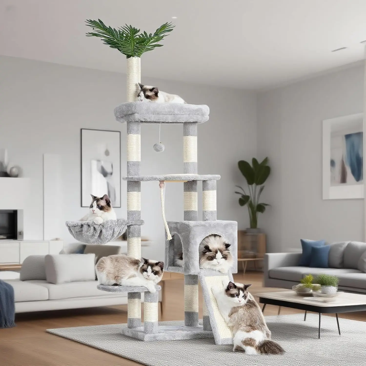 

65.4-Inch Multi-Level Cat Tree with Scratching Posts, Perches, Basket, and Feeding Station in Light Gray