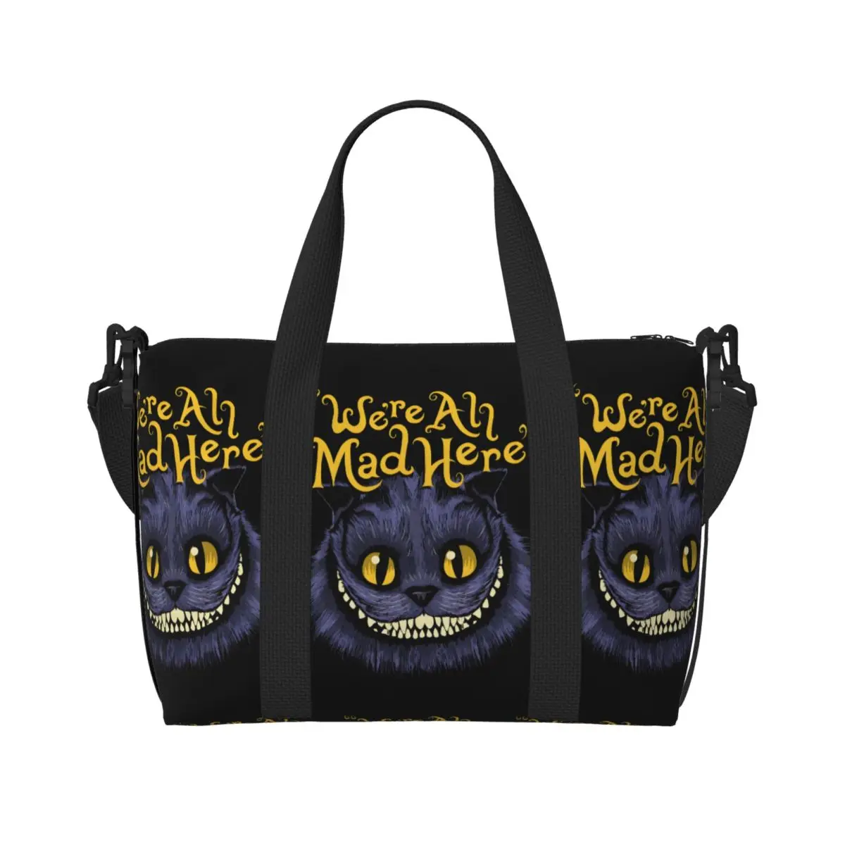 

Custom Cheshire Cat Beach Tote Bag for Women We're All Mad Here Smile Big Compartment Gym Beach Travel Bags