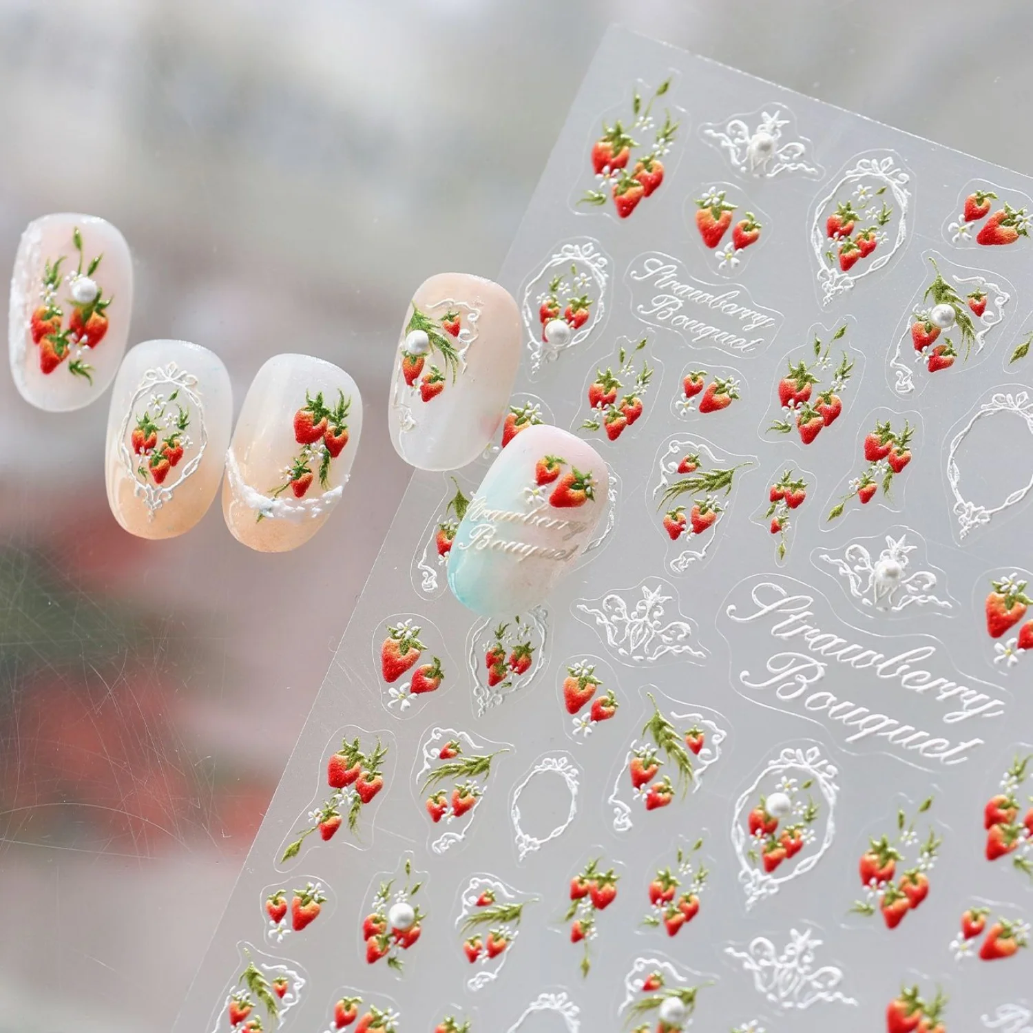 Retro Watercolor Oil Painting Strawberry 5D Nail Stickers Bouquet Lace Pearl Handwritten English Manicure Self-adhesive Decor