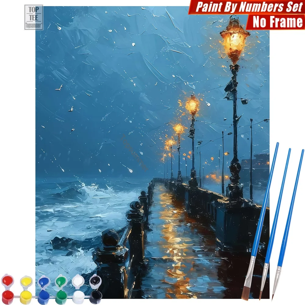 Kit de pintura por números de muelle costero bajo la lluvia - Arte de pared con muelle y olas, decoración para el hogar, regalo para el Día del Maestro