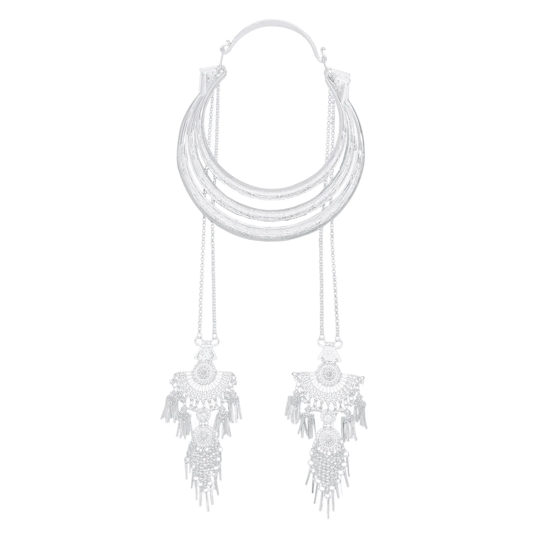 Traditional Vintage Miao Yi Silver Color Moon Choker Necklace Long Chains Hollow Flower Fan Pendant Statement Necklaces Jewelry