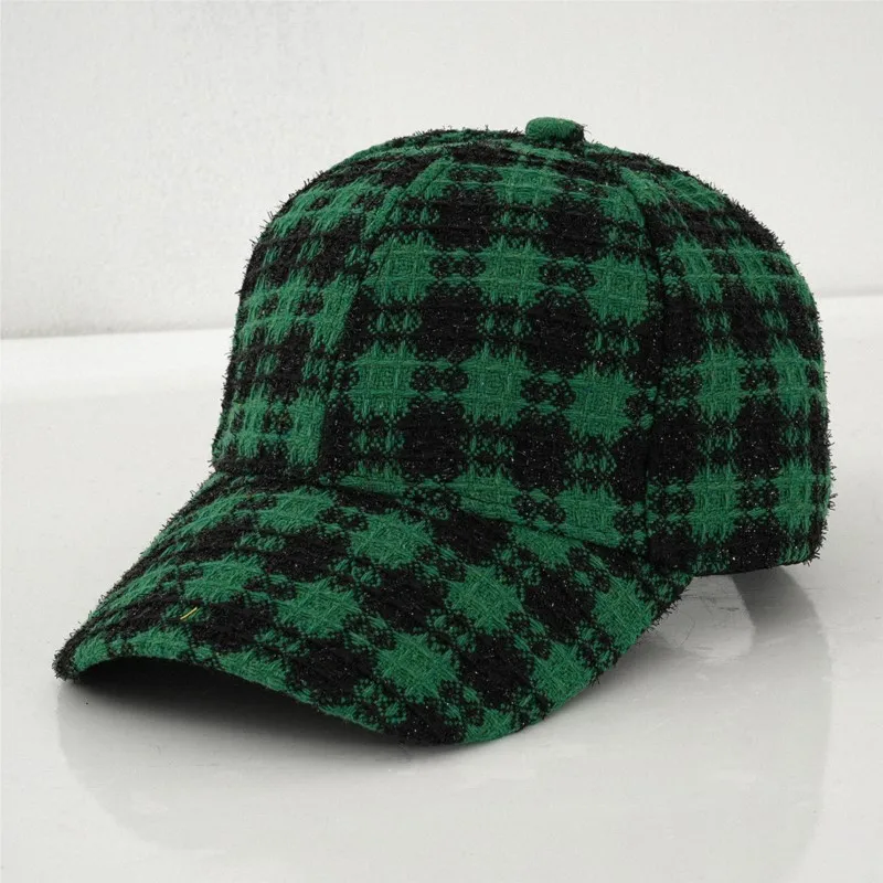 A fashionable and casual checkered green fleece thickened hat for women suitable daily shopping sightseeing