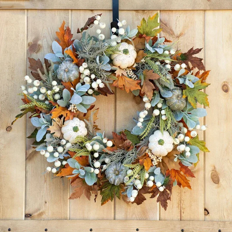 Thanksgiving Artificial Fall Maple Leaf and Pumpkin Wreath for Front Door Home Farmhouse Decor Harvest Festival Hanging Garland