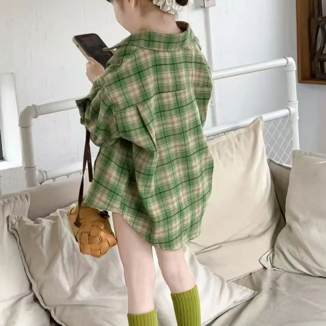 100-160cm Girls' plaid shirt spring and autumn children's fashionable casual green plaid cardigan top